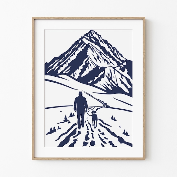 Man And Dog Hiking Mountain Trail Navy Minimalist Nature Poster