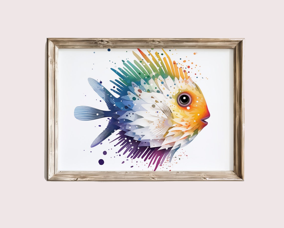 Colorful Watercolor Rainbow Fish Ocean Splash Bright Tropical Wall Art