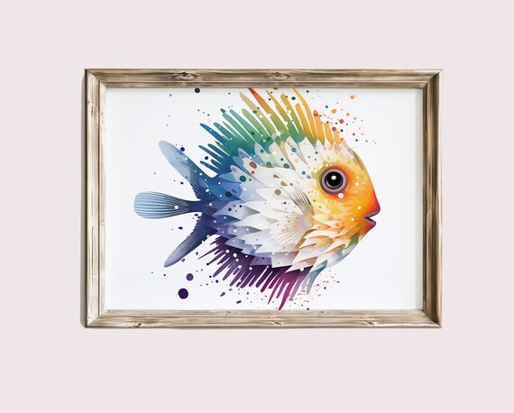 Colorful Watercolor Rainbow Fish Ocean Splash Bright Tropical Wall Art