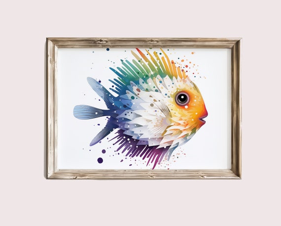 Vibrant Fish Art Sketch Simple Discus Colorful Sea Life Ocean Picture Coastal Wall