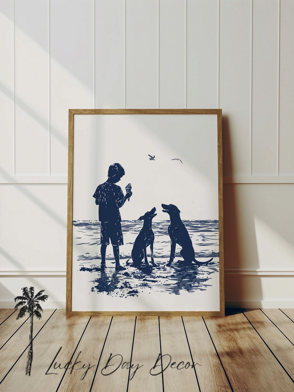 Boy With Ice Cream And Two Dogs Beach Silhouette Navy Coastal Poster