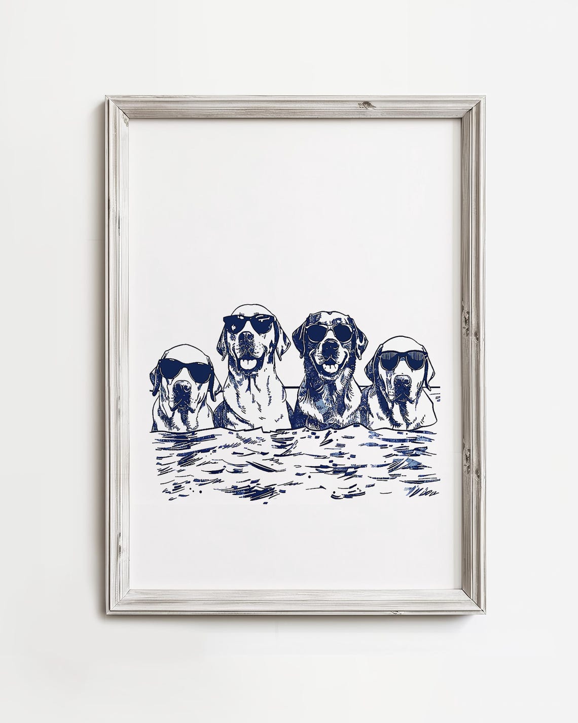 Four Labrador Dogs Wearing Sunglasses Swimming Blue Ink Funny Poster