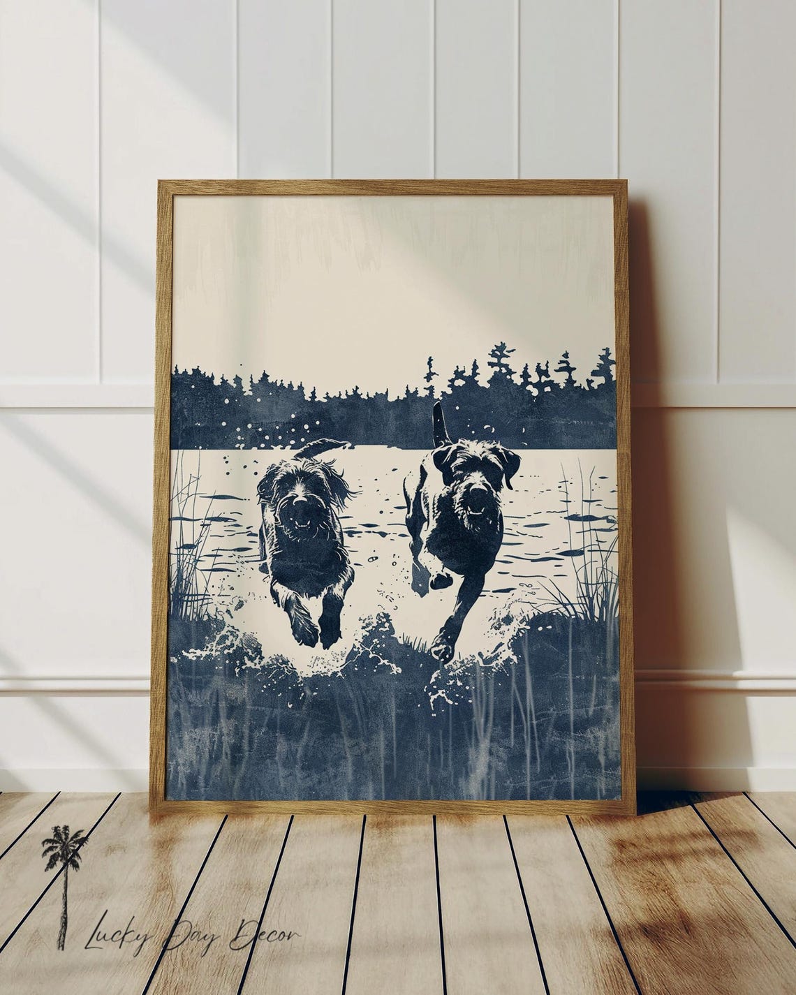 Two Happy Dogs Leaping from a Lake Navy Blue Ink Style Poster