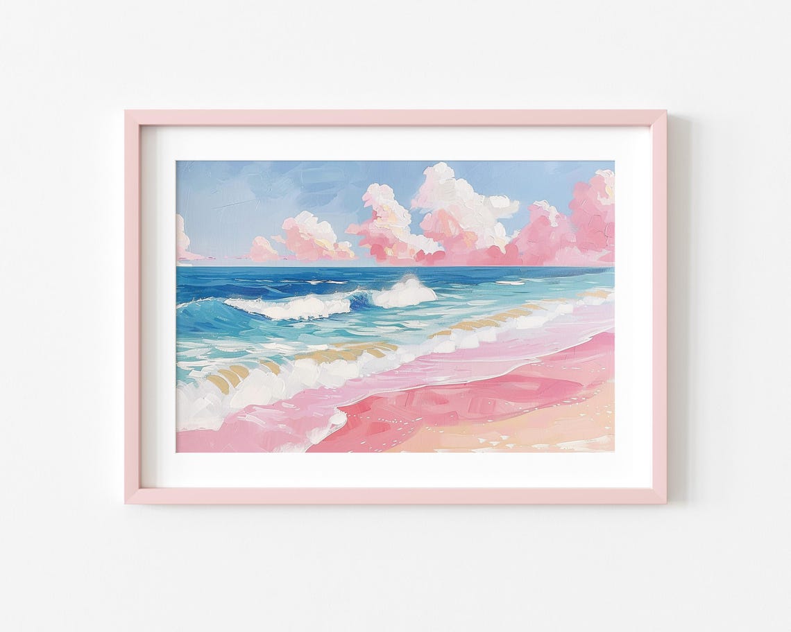 Pink Clouds Over Turquoise Ocean Pastel Beach Painting Poster