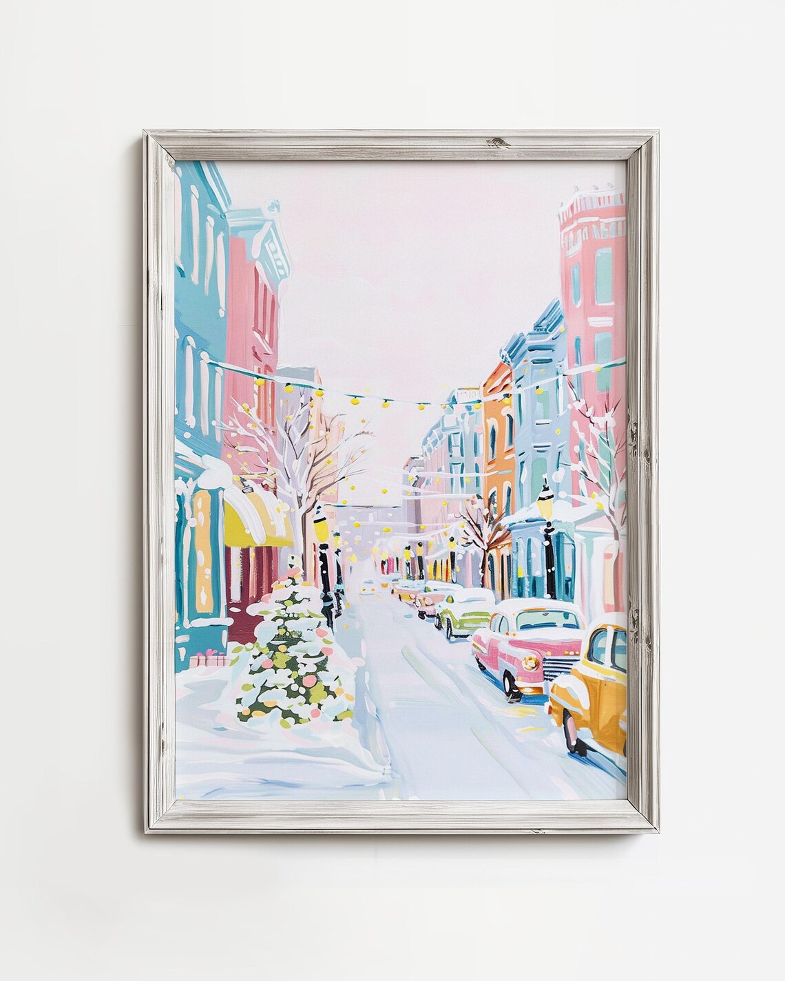 Snowy Christmas Street Pastel Painting Colorful Winter Evening Poster