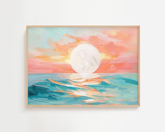 Full Moon Reflection Colorful Ocean Painting Pastel Watercolor Artwork White Seascape Wall Decor