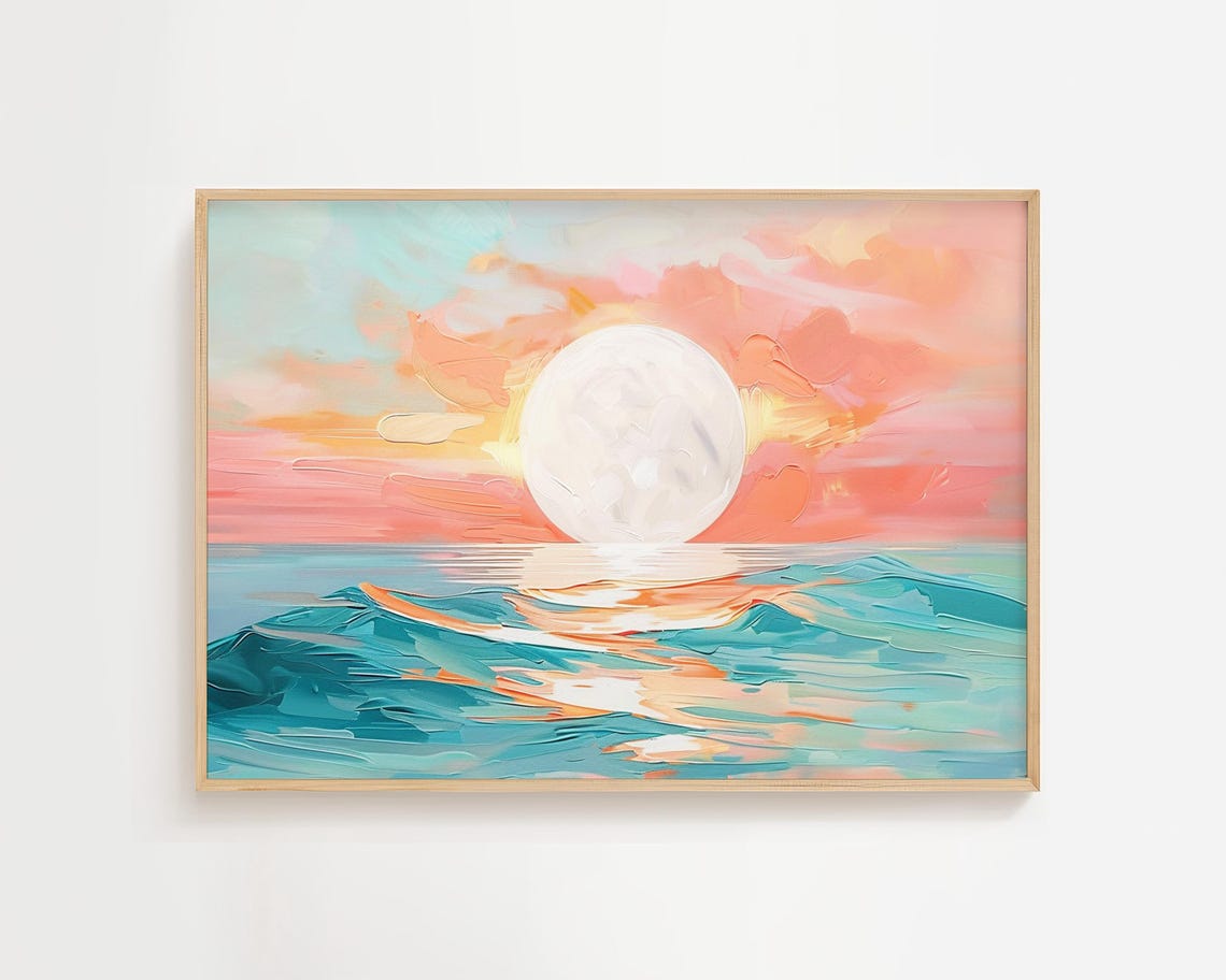 Full Moon Over Ocean Pastel Seascape Peach Waves Reflection Poster