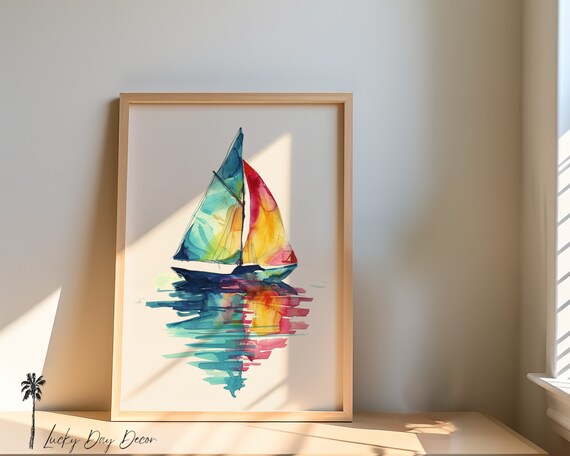 Rainbow Sailboat Watercolor Wall Art Colorful Sails Ocean Painting