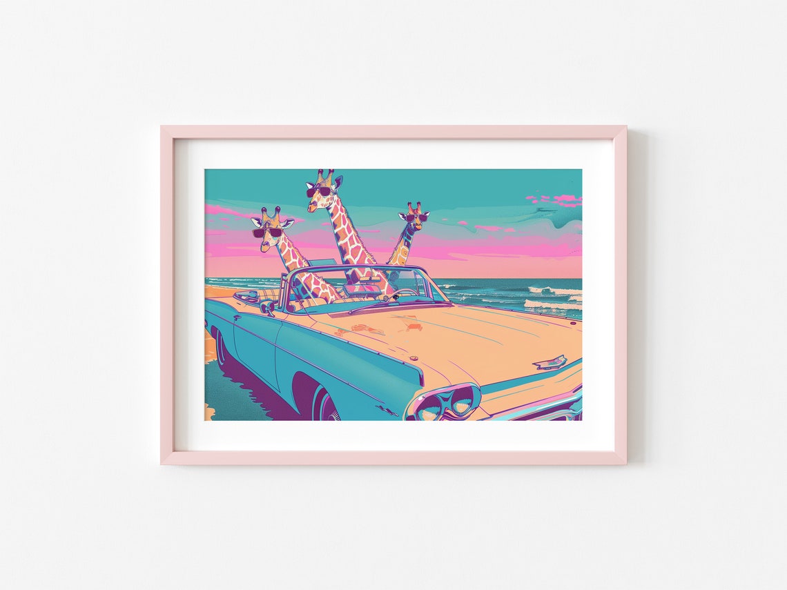 Three Cool Giraffes In Vintage Convertible Beach Pop Art Poster