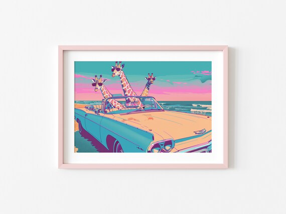 Three Cool Giraffes In Vintage Convertible Beach Pop Art Poster