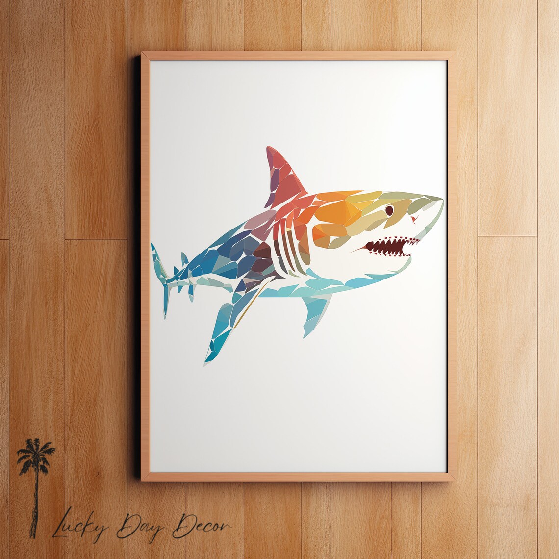 Colorful Geometric Rainbow Shark Mosaic Ocean Sea Life Bright Wall Art
