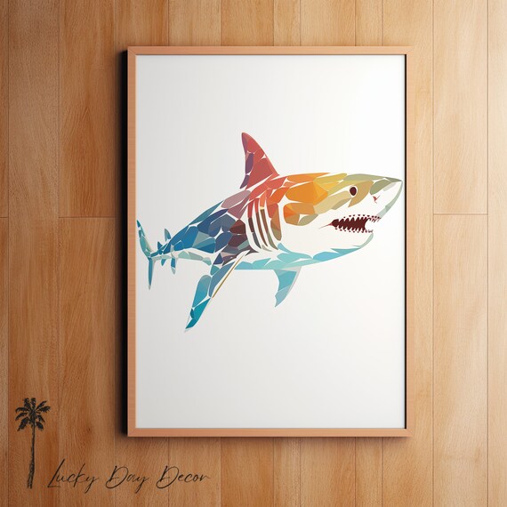 Colorful Geometric Rainbow Shark Mosaic Ocean Sea Life Bright Wall Art