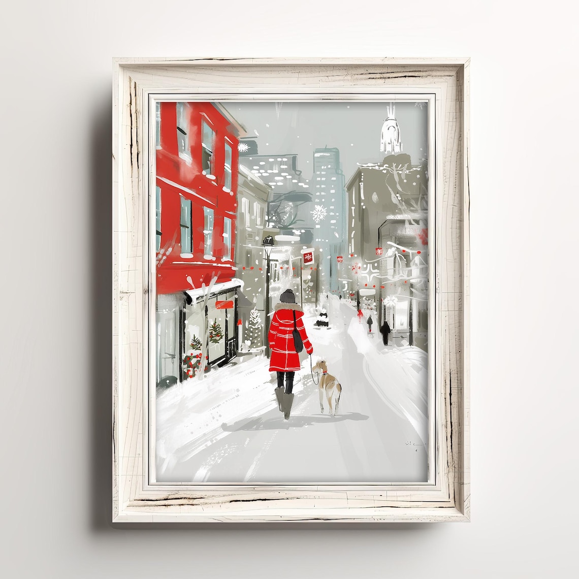 Woman in Red Coat Walking Dog Snowy City Street Winter Poster