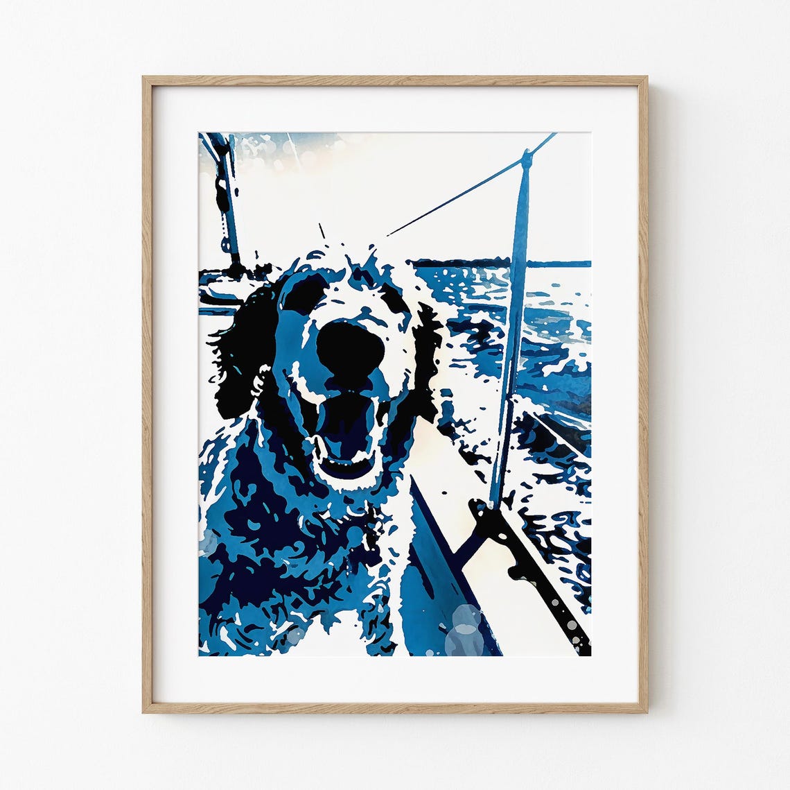 Happy Doodle Dog Sailing Boat Blue Pop Art Joyful Pet Poster