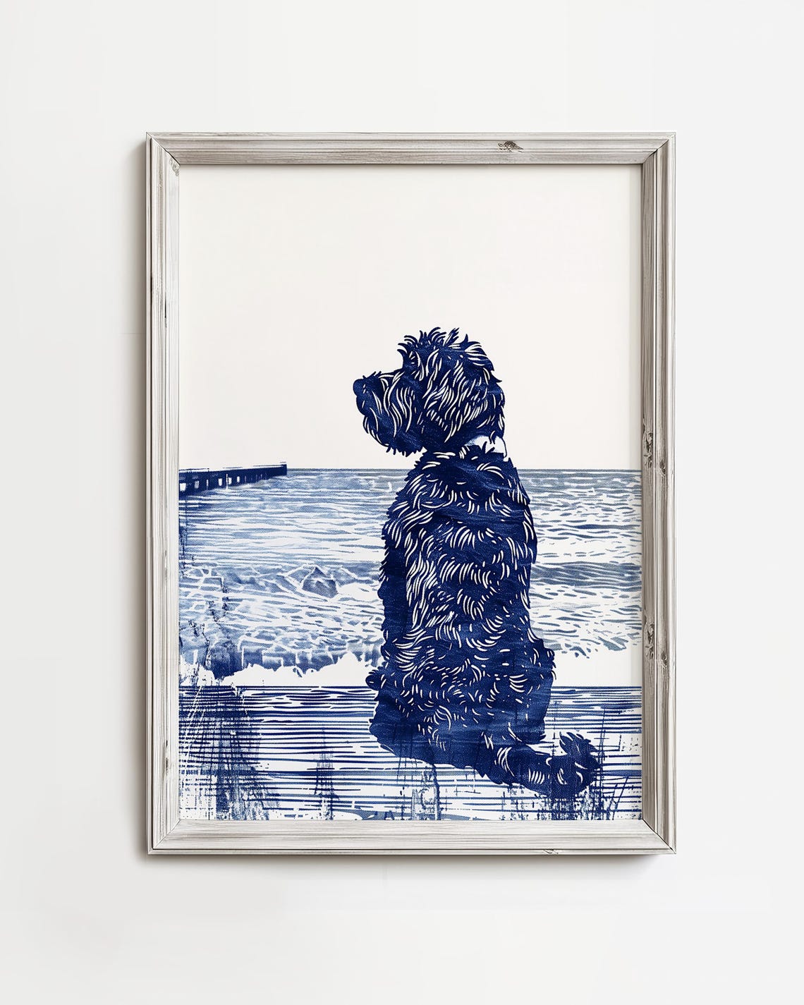 Shaggy Doodle Dog Ocean View Navy Sketch Coastal Wall Poster