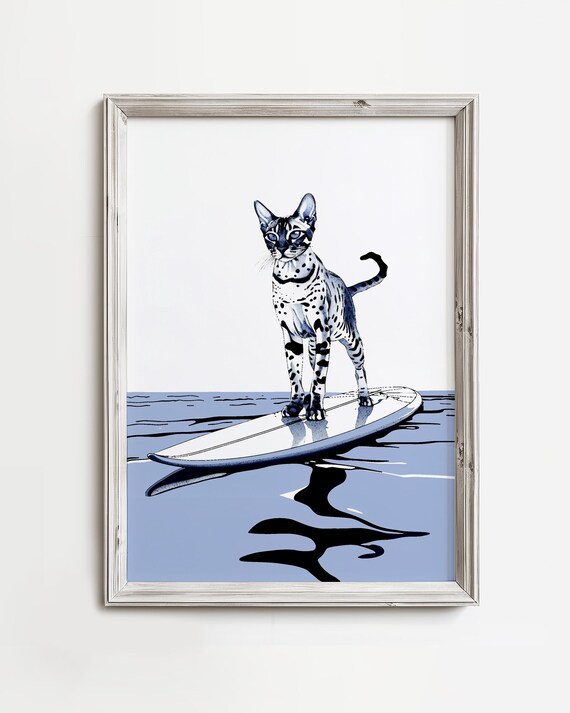 Spotted Cat Surfing On Surfboard Blue Coastal Sketch Cute Cat Poster