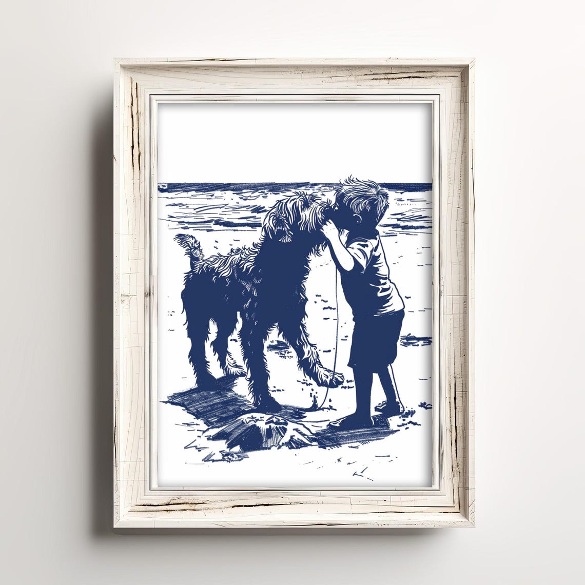 Little Boy Kissing His Dog on the Beach Blue Ink Sketch Poster