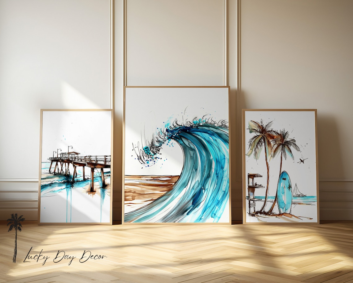 Vintage Surfer Pier Wave Beach Collection of 3