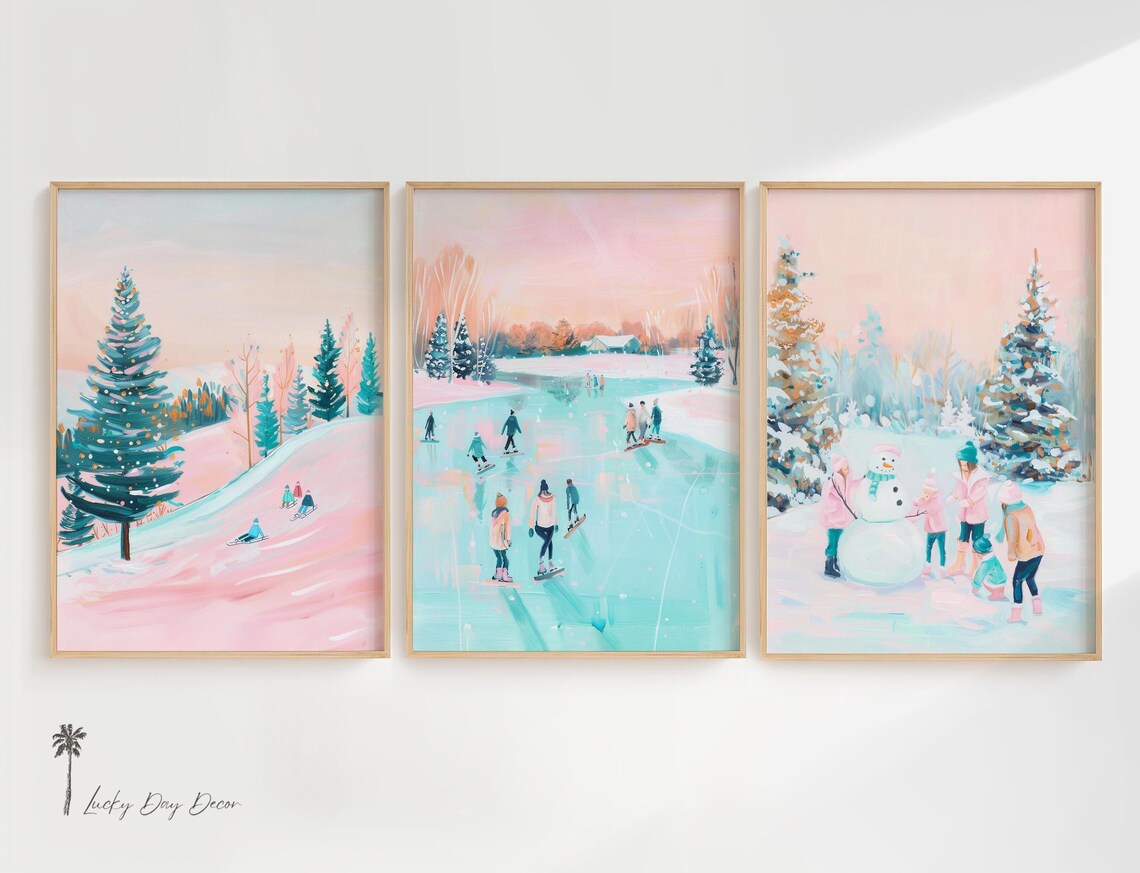Winter Snow Day Paintings Set Of Three Pastel Kids Seasonal Art Poster