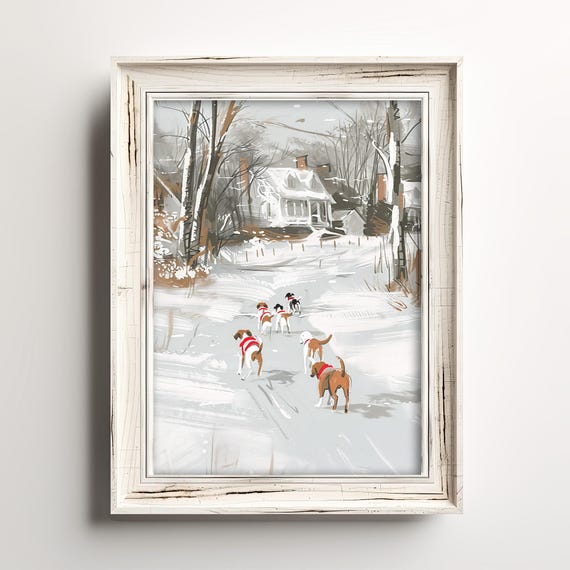 Dogs On Snow Trail Winter Fine Art Painting Country Dog Artwork Snowy Seasonal Print Impressionist Home Decor