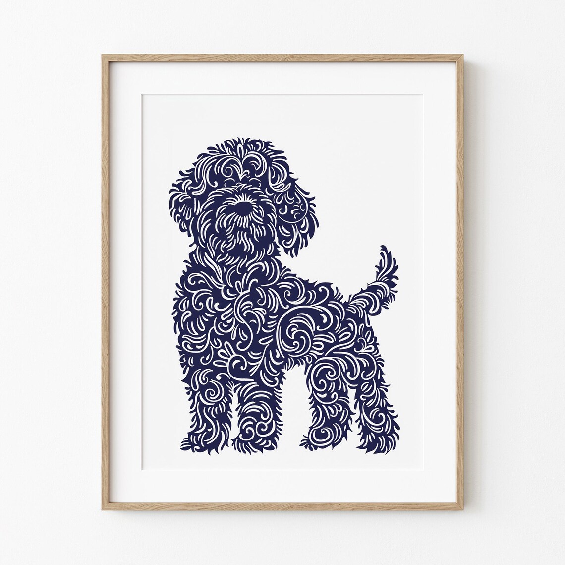 Doodle Dog Navy Swirl Line Art Minimalist Cute Puppy Poster Portrait