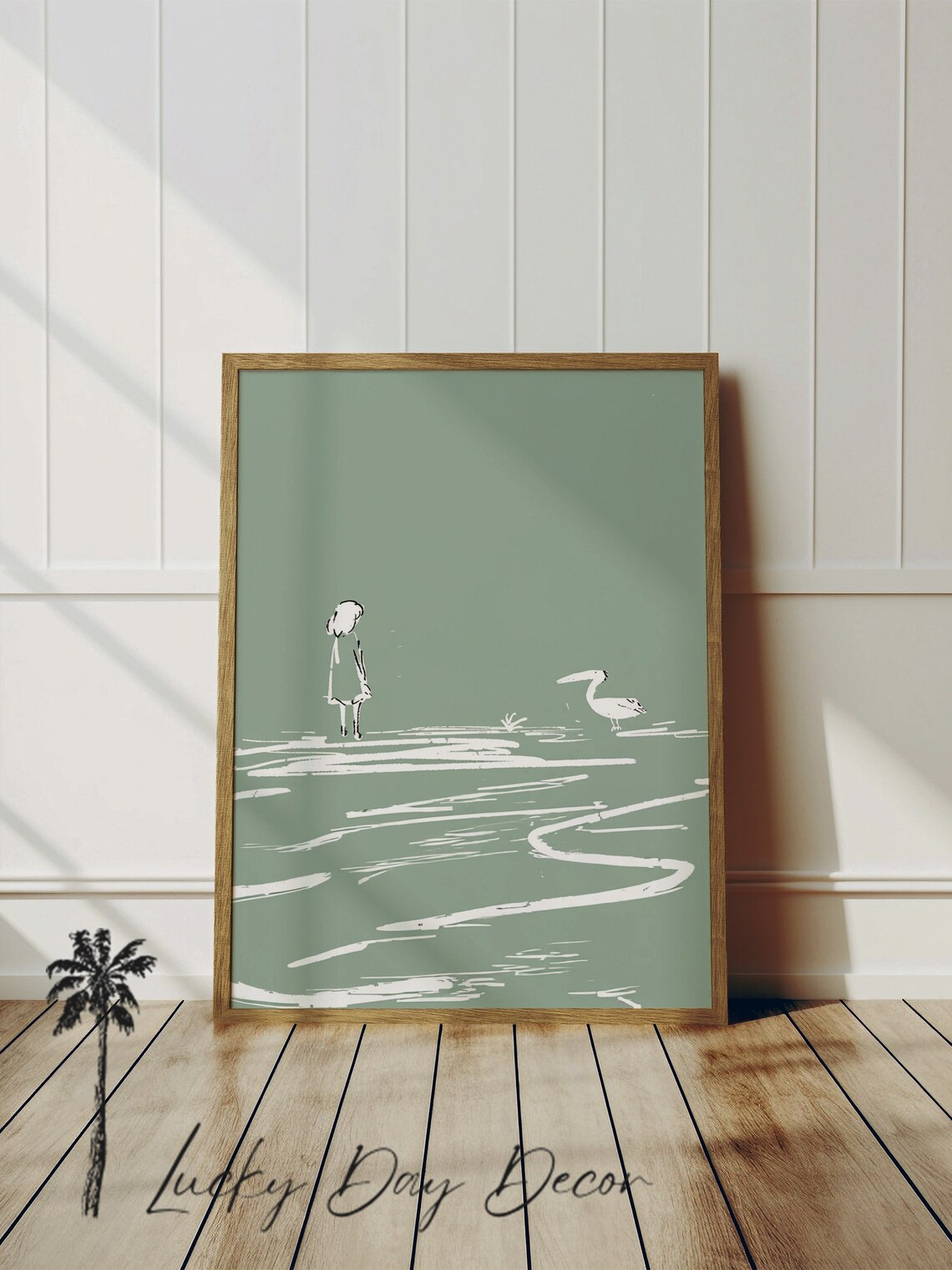 Girl And Curious Pelican, Cute Coastal Art Print