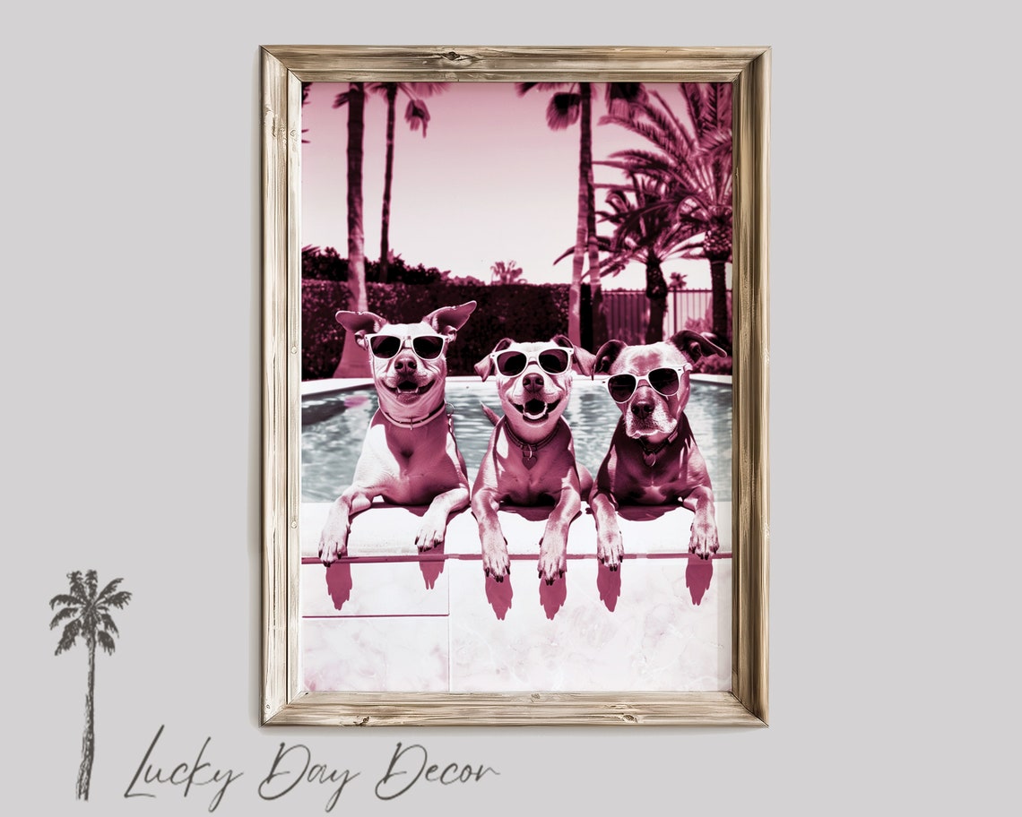 Three Happy Dogs With Sunglasses Pool Party Pink Photo Poster