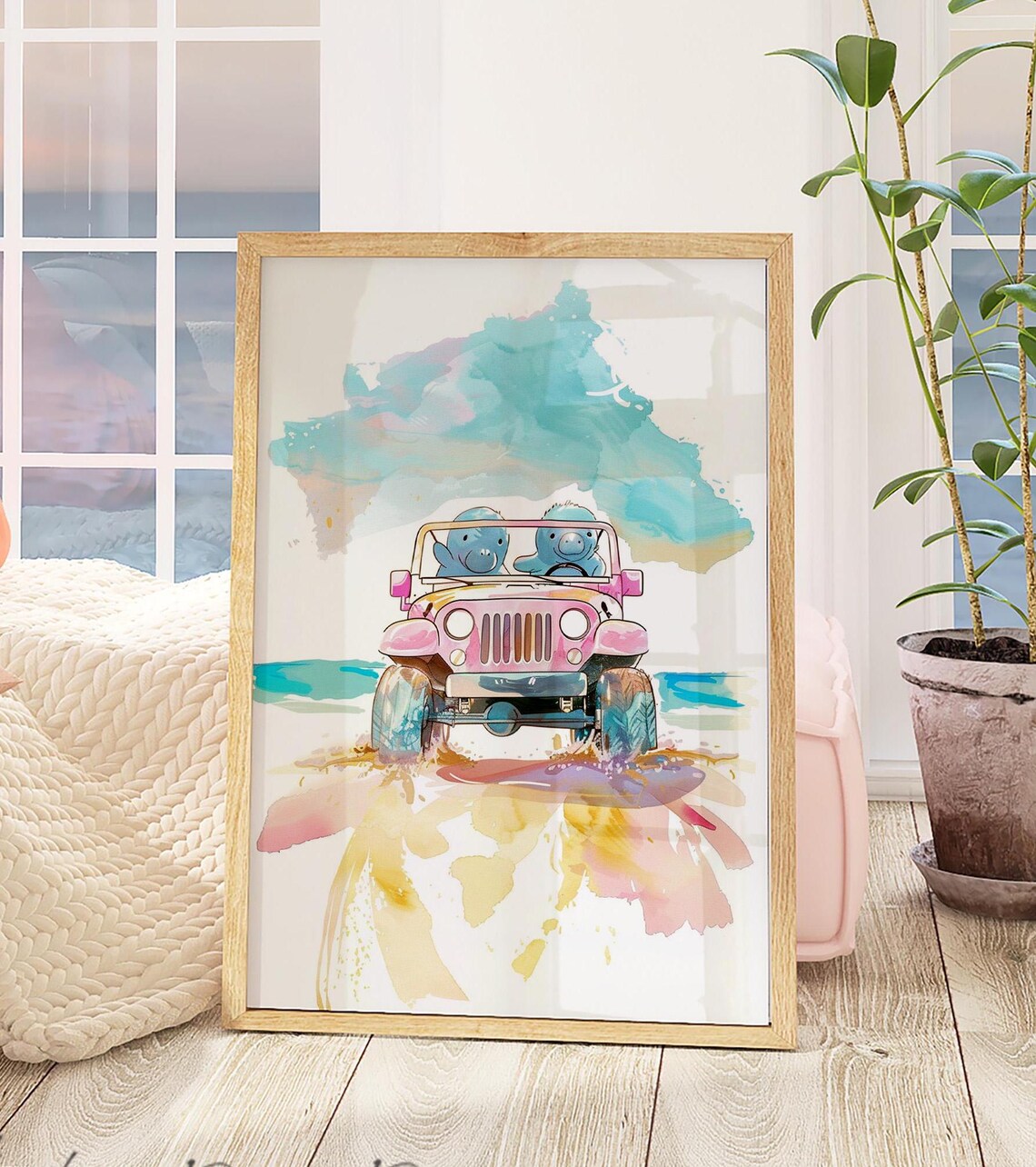 Manatees Driving Pink Jeep Beach Cruise Whimsical Watercolor Poster