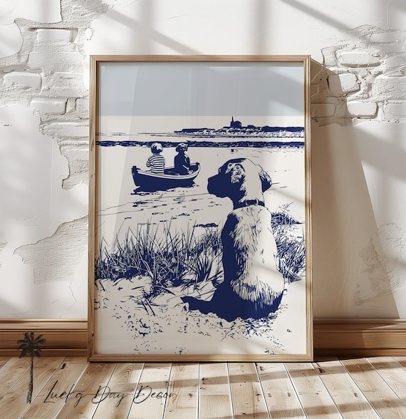 Puppy Watches Boys Fish Vintage Coastal Art Print