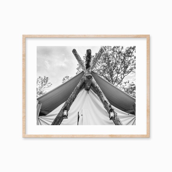 Bw Mountain Camping Tent Photographic Print Lake Cabin Wall Decor Rustic Wilderness Art Fathers Day Gift