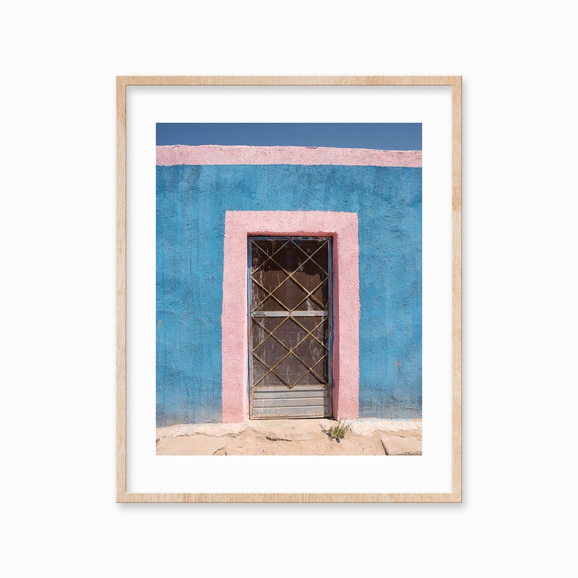Colorful Blue Adobe Wall Pink Trim Door Desert Photography Poster