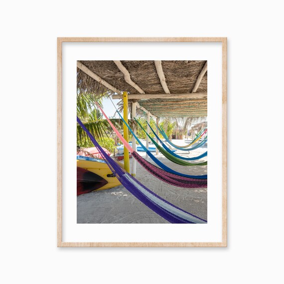 Colorful Hammocks Under Thatch Roof on Tropical Beach Photography Poster