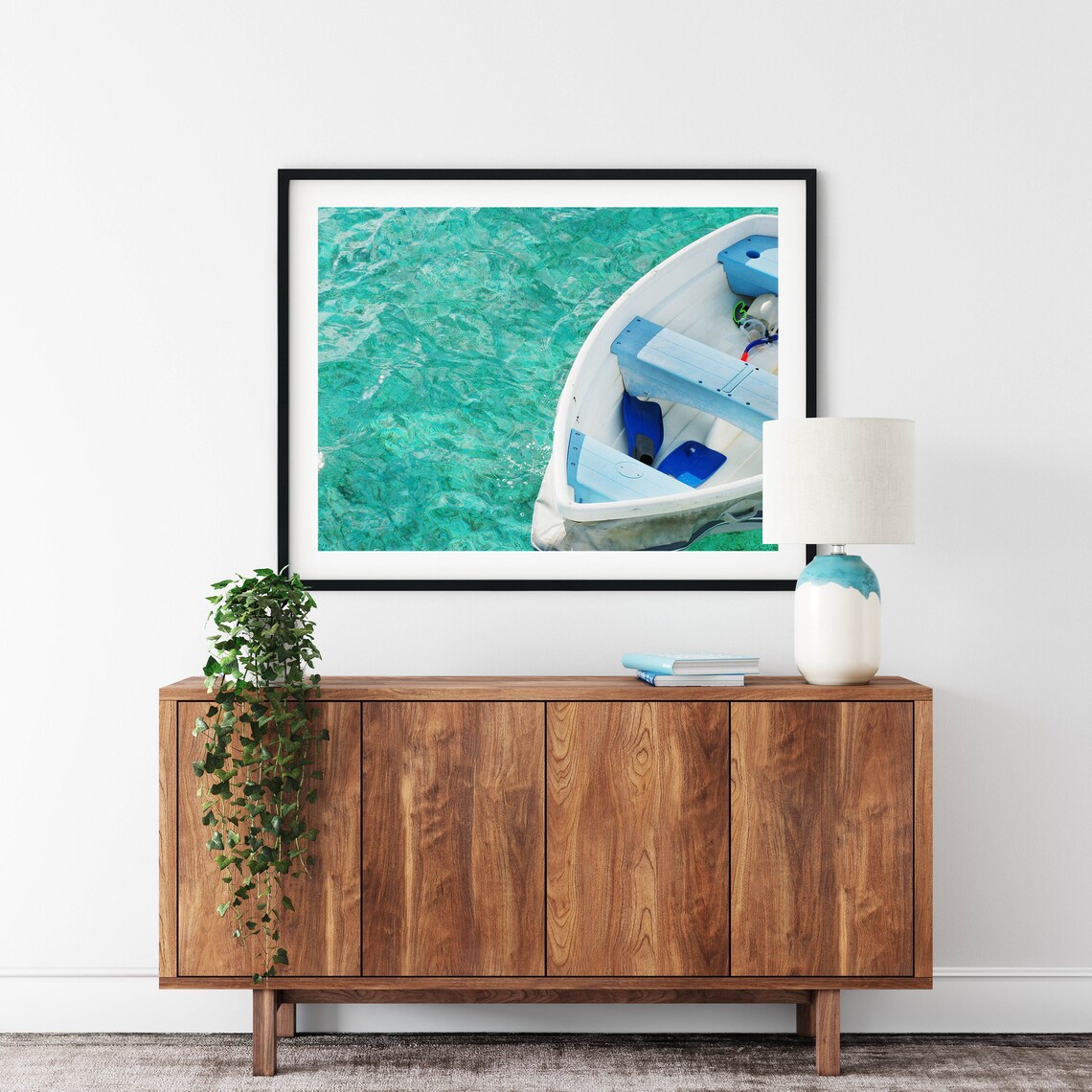 White Dinghy Boat From Above on Bright Turquoise Water Photo Poster - Image 2