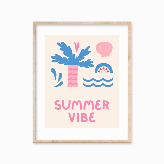 Summer Vibe Pink Blue Palm Tree Waves Graphic Quote Art Poster