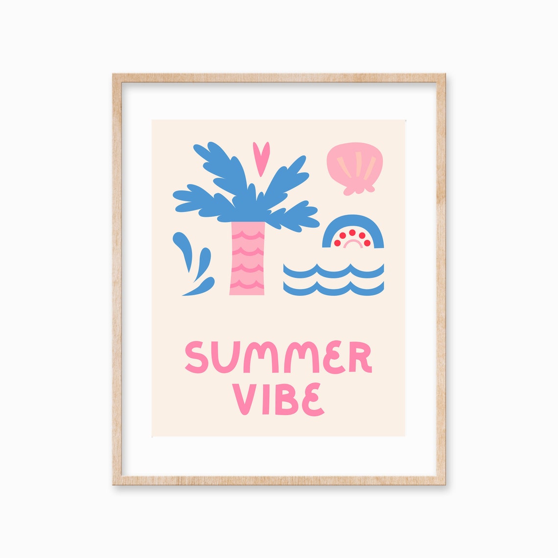 Summer Vibe Pink Blue Palm Tree Waves Graphic Quote Art Poster