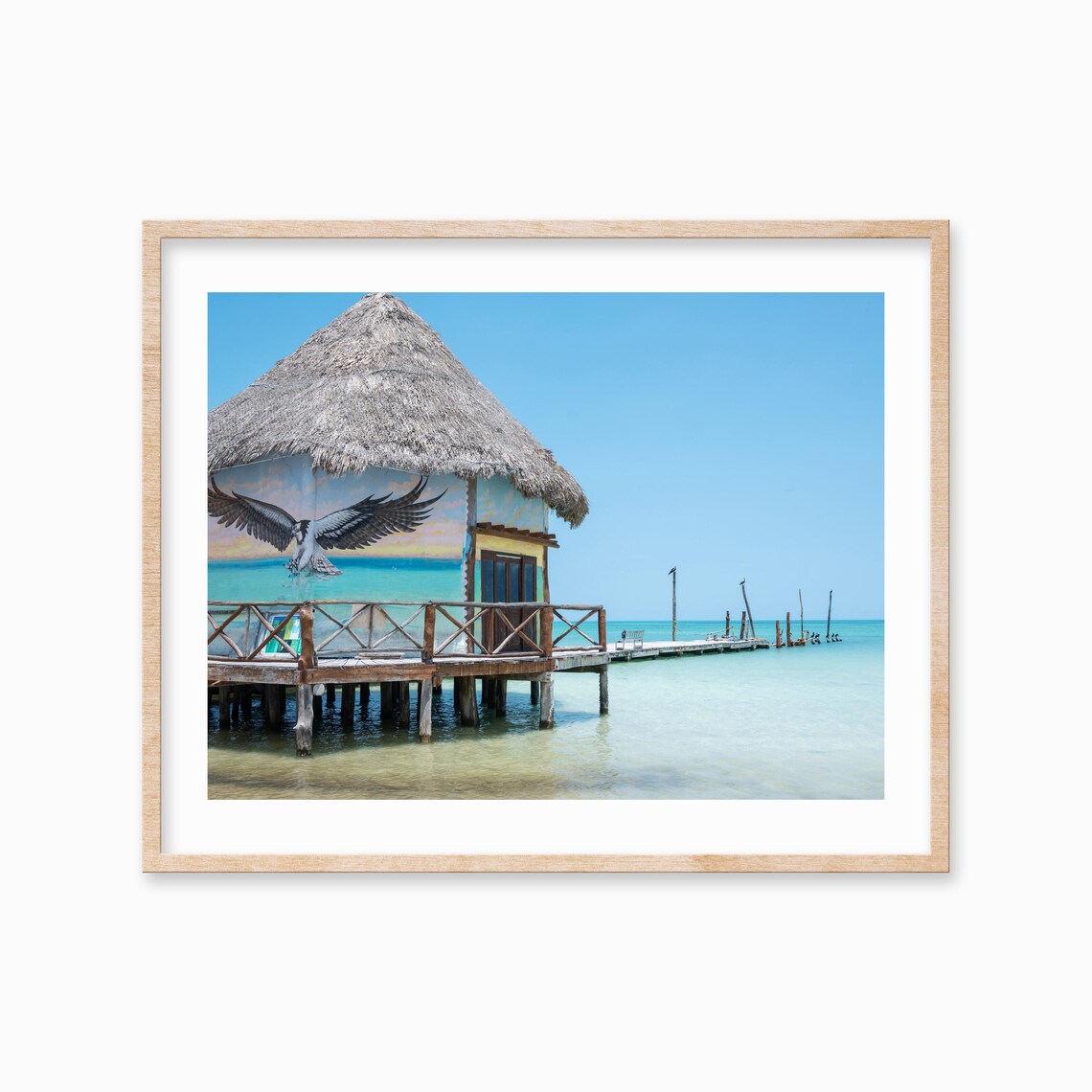 Thatched Palapa Hut Overwater Bird Mural Wooden Pier Photo Poster