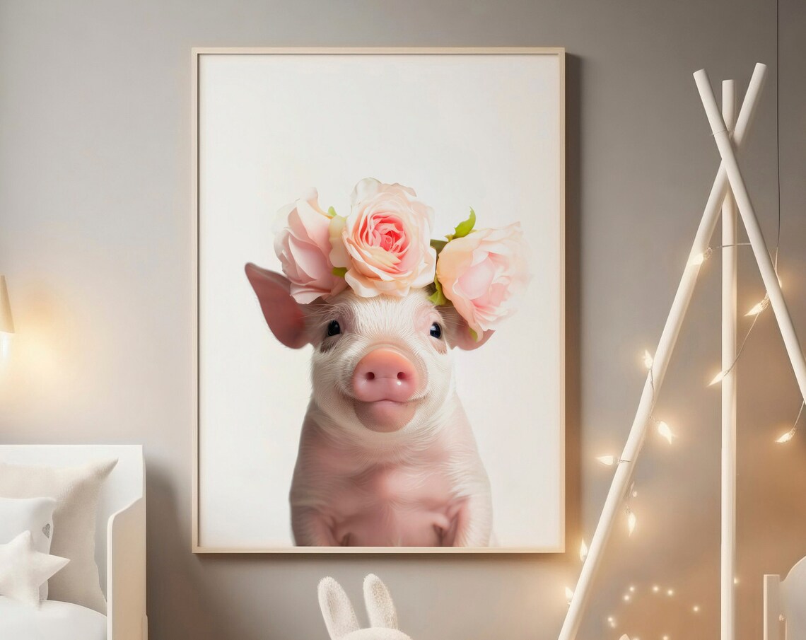 Adorable Baby Pig Rose Flower Crown Nursery Animal Art Print