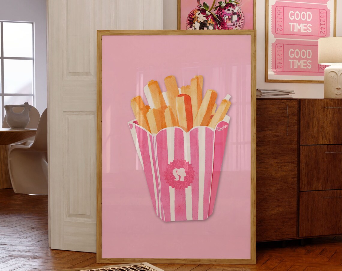 Pink French Fries Watercolor In Striped Carton Cute Kitchen Art Poster