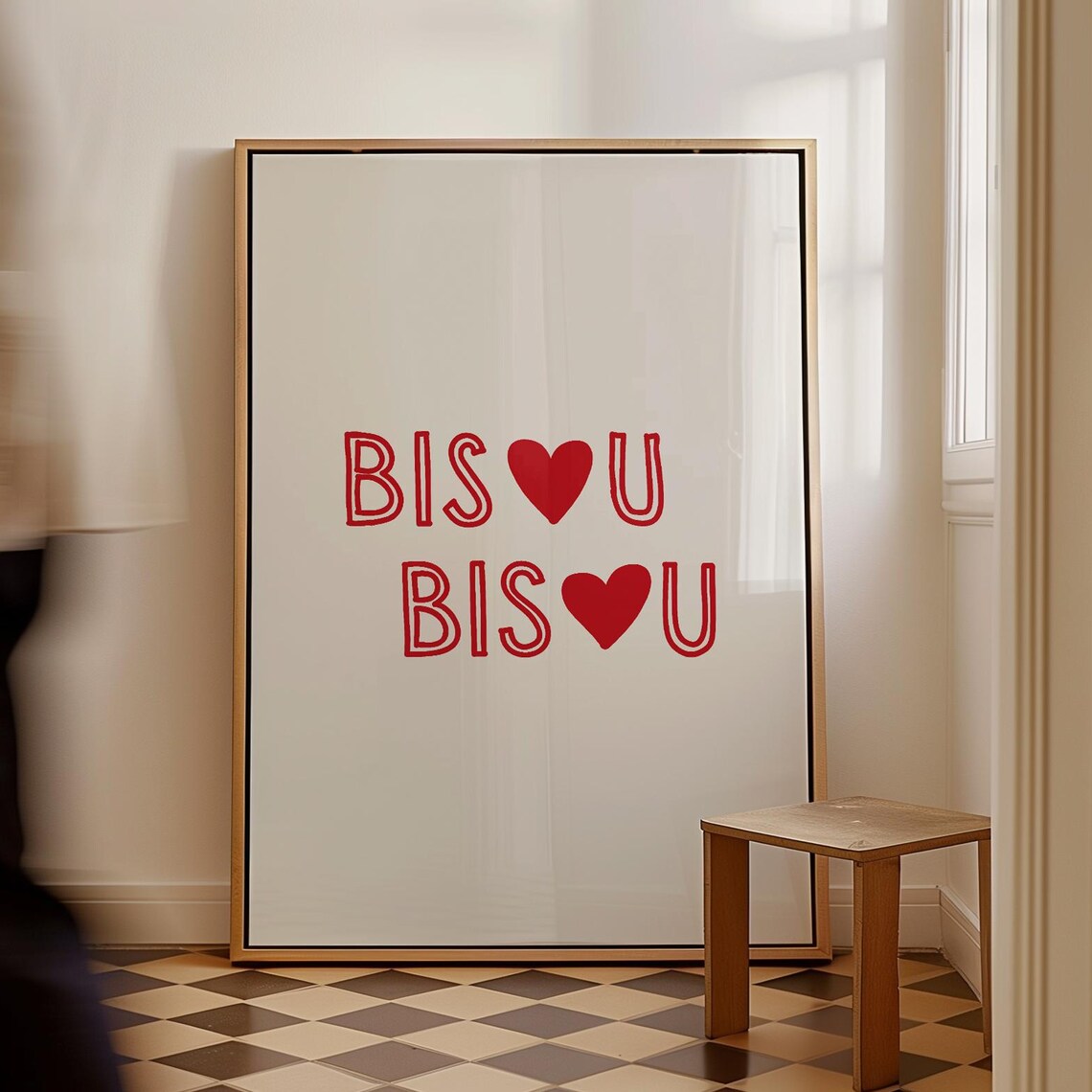 Bisou Red Heart Handdrawn Typography French Love Quote Art Poster