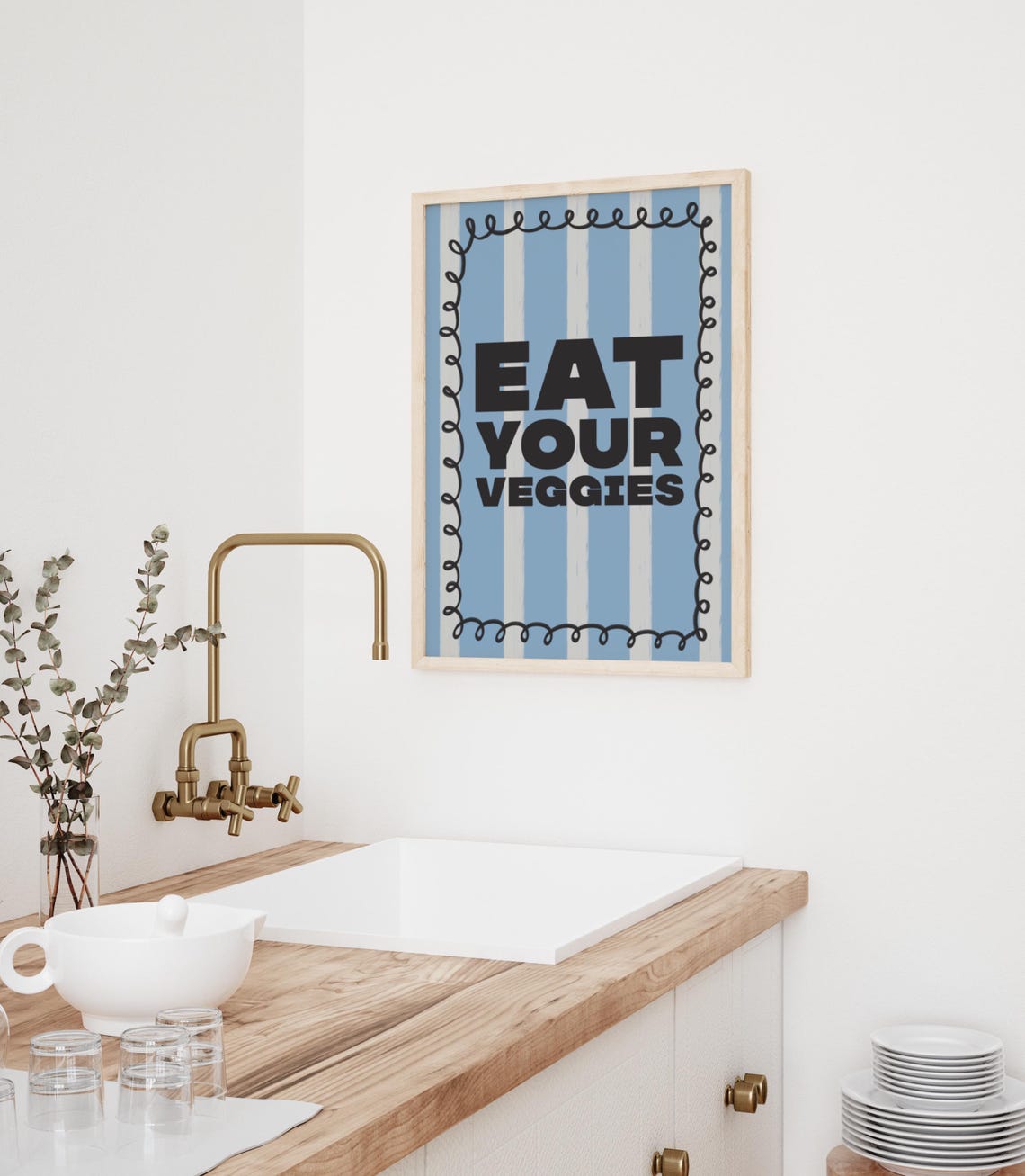 Eat Your Veggies Bold Blue Striped Retro Kitchen Funny Poster - Image 2