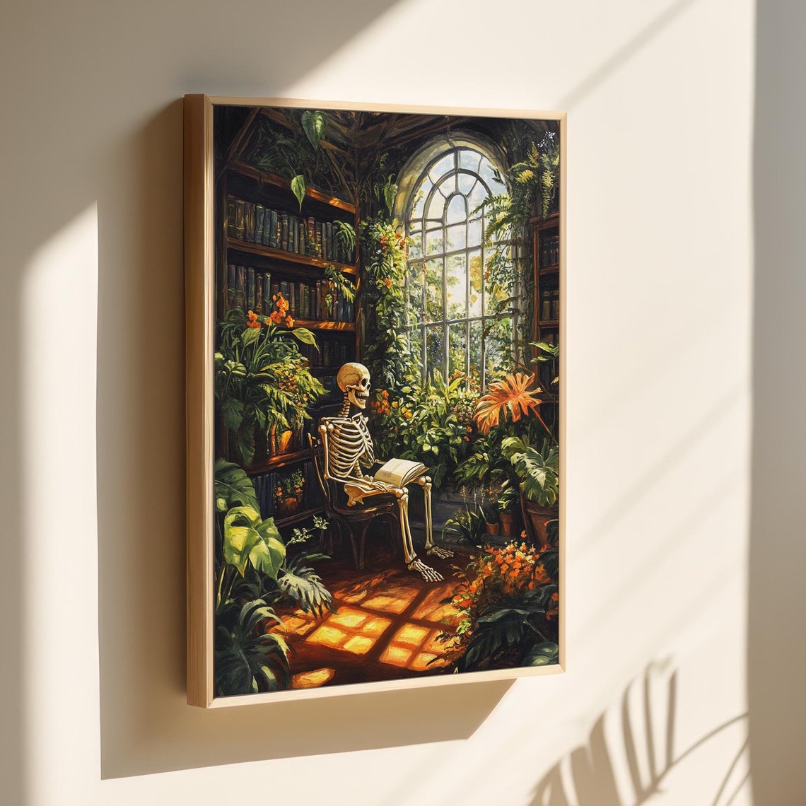 Skeleton Reading Among Plants Sunlit Library Botanical Art Print