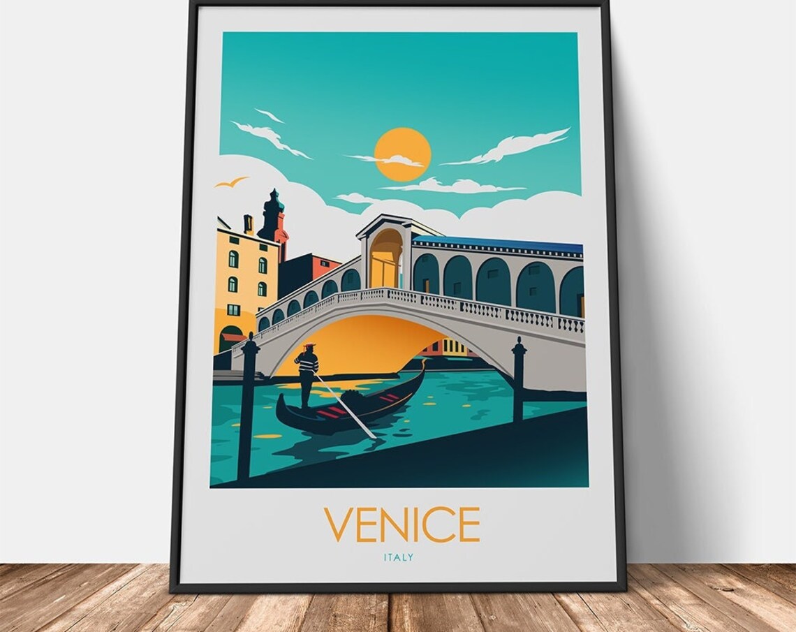 Venice Travel Poster, Gondola and Bridge - Image 3