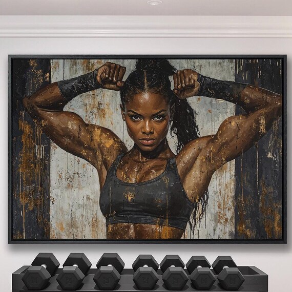 Strong Black Woman Flexing Both Arms On Textured Gray Gym Poster