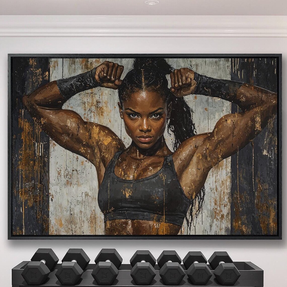 Strong Black Woman Flexing Both Arms On Textured Gray Gym Poster