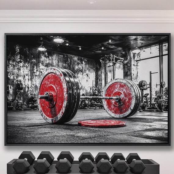 Red Barbell Plates In Black And White Grunge Gym Photo Poster