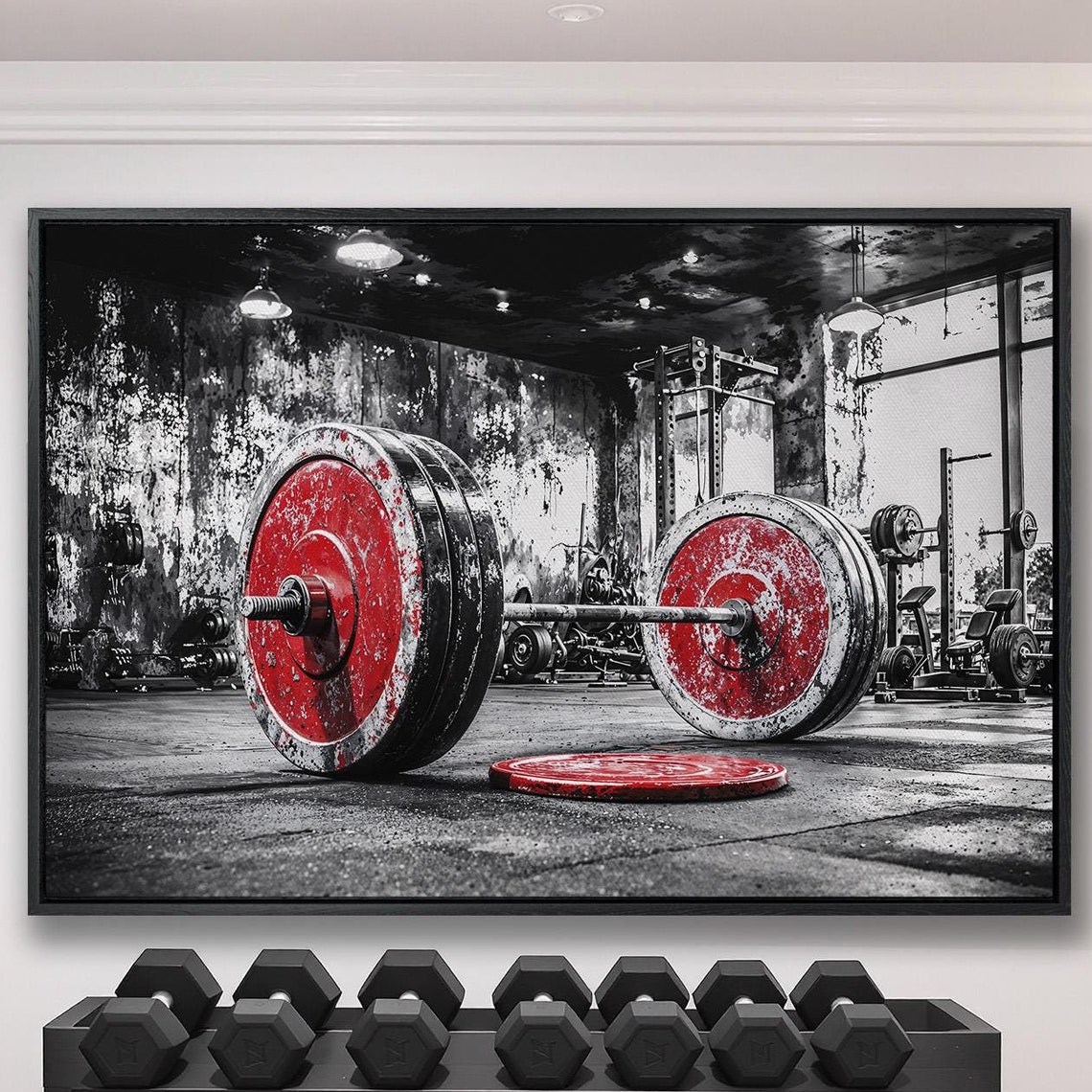 Red Barbell Plates In Black And White Grunge Gym Photo Poster