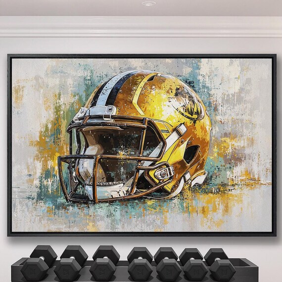 Golden Football Helmet Watercolor Splash Modern Sports Art Poster
