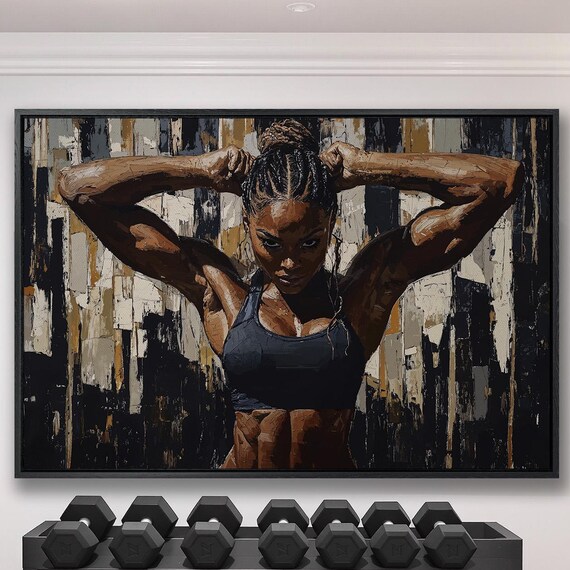 Strong Black Woman Flexing Arms In Expressive Abstract Fitness Poster