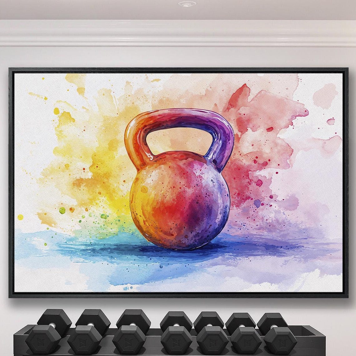Colorful Fitness Framed Wall Art Kettlebell Watercolor Painting Print Gym Wall Decor Vibrant Sports Art Poster Ready To Hang Gift