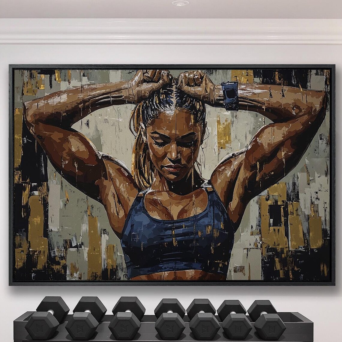 Strong Woman Tying Hair Up Fitness Portrait in Blue and Gold Poster